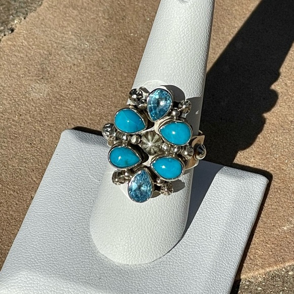Running Bear SS Kingman Turquoise & Blue Topaz Ring - Picture 1 of 6